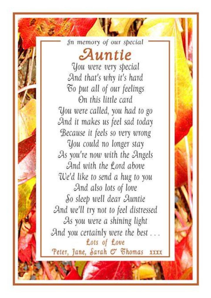 Funeral Poems for Aunt "My Aunt" by an Unknown Author. This